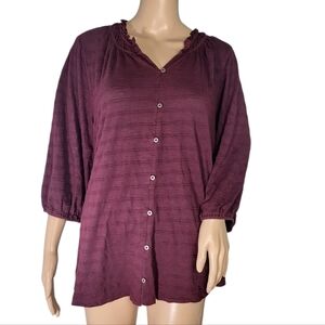 Lane Bryant Women 18 20 Maroon Button Up Shirt Flowy Peasant Flower Sheer Stripe